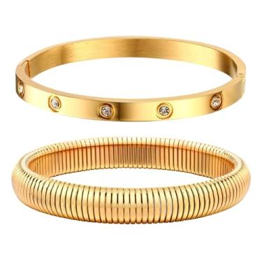 Imagem de Pulseiras de ouro para mulheres - 2 peças banhado a ouro 18 K Bracelete de zircônia cúbica de cristal pulseira de amizade joias, festa de casamento Natal Dia dos Namorados presentes de aniversário para sua namorada, irmã e filha, Sem pedras preciosas