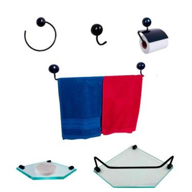 Imagem de Kit Para Banheiro Topázio Luxo Preto Vidro Sextavado Incolor - Diretoo