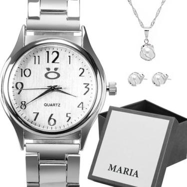 Imagem de relogio feminino prata aço inox + colar brincos caixa presente moda so