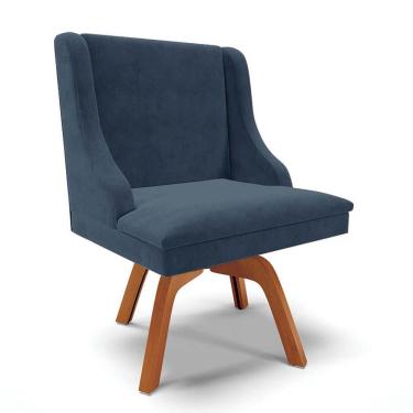 Imagem de Cadeira Estofada Para Sala De Jantar Base Giratória De Madeira Lia Suede Azul Marinho -...