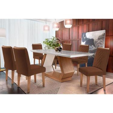 Imagem de Sala De Jantar Completa Alvorada Tampo Madeirado c- Vidro Canto Reto 180x90cm E 6 Cadeiras Jade Imbuia-off White - Suede Marrom - Rufato