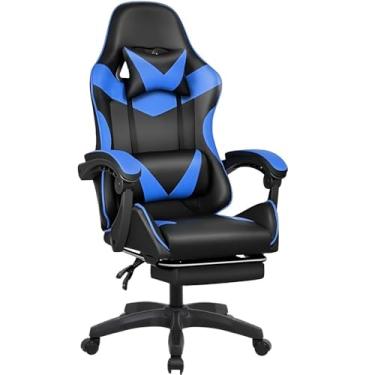 Imagem de Cadeira Escritório Gamer Ergonômica Reclinável Confortável Com Rodinha E Apoio Para Os Pés(Azul)