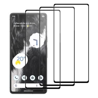Imagem de WowFluy Pacote com 3 protetores de tela de vidro temperado para Google Pixel 7, à prova de arranhões, sem bolhas, HD transparente, dureza 9H, sem bolhas, borda preta, GVU6C GQML3