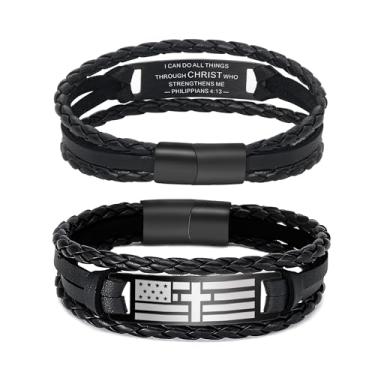 Imagem de TAGOMEI Pulseira de cruz de couro, versículo bíblico, cristã, religiosa, joia inspiradora para filho, neto, sobrinho, namorado, pai, One Size, Pedra, Sem Pedra Preciosa
