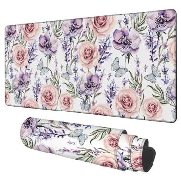 Imagem de NITAHHHY Tapete de mesa para jogos, grande, extra comprimento, lavanda, rosas e anêmona, mouse pad teclado laptop antiderrapante à prova d'água com base de borracha borda costurada grossa tapete de