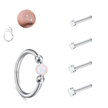 Imagem de JFORYOU Conjunto de anéis de nariz 18G para mulheres, aço inoxidável, hipoalergênico, 1,5 mm, 2,5 mm, 2,5 mm, 3 mm e opala articulada, segmento clicker, argolas de nariz, argolas, cartilagem de hélice