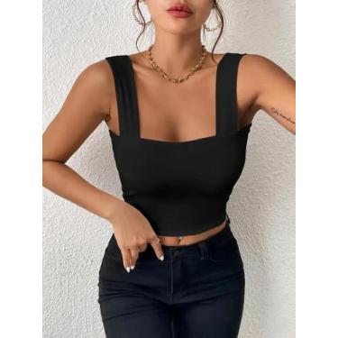 Imagem de Top Cropped Feminino Branco e Preto - Decote Quadrado, Sem Mangas, BR-