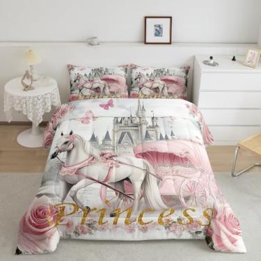Imagem de Jogo de cama com estampa de castelo sonhador, rosa, para decoração de quarto de meninos, jardim de conto de fadas, fantasia com 1 fronha para todas as estações, solteiro