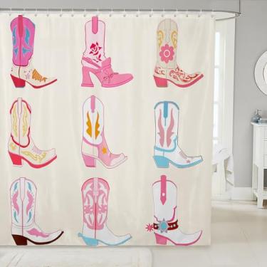 Imagem de Feelyou Cortina de chuveiro rosa Howday para crianças, meninos, meninas, decoração do clima, conjunto de cortina de banheiro 183 cm x 198 cm, botas de montaria caubói selvagem ocidental, acessórios de