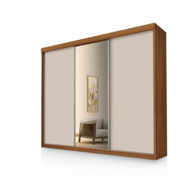 Imagem de Roupeiro Casal Luxo Florença 100% Mdf 3 Portas de Correr 5 Gavetas Trilhos em Alumínio Espelho - Luapa - Carvalho/Off