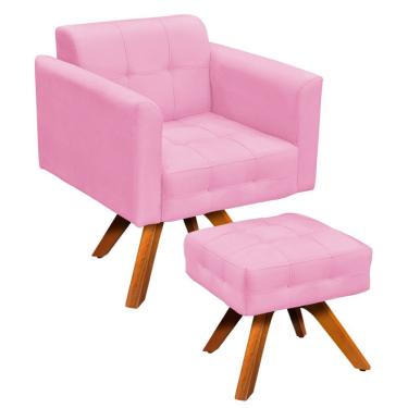 Imagem de Kit 01 Poltrona E 01 Puff Elisa Suede Rosa Bebê
