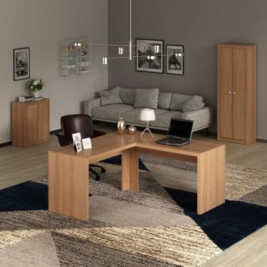 Imagem de Conjunto Home Office 3 Peças 1 Mesa Para Escritório Em L 1 Armário 1 Balcão Espresso Móveis Amendoa