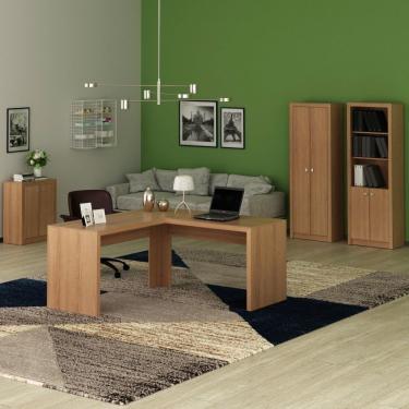 Imagem de Conjunto Home Office 4 Peças 1 Mesa Para Escritório Em L 2 Armários 1 Balcão Espresso Móveis Amendoa
