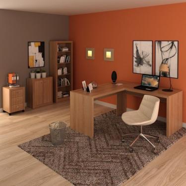 Imagem de Conjunto Home Office 4 Peças Com 1 Mesa Em L 1 Balcão 1 Gaveteiro 1 Estante Espresso Móveis Amendoa