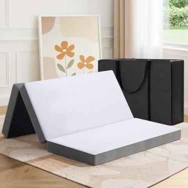 Imagem de MASVIS Colchão de três dobras, colchão dobrável de espuma viscoelástica de 10 cm com capa lavável, cama de chão dobrável tripla para acampamento, solteiro GG