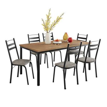 Imagem de Conjunto de Mesa Retangular com Tampo de MDP Amadeirado e 6 Cadeiras Adriana III Revestimento Sintético Cinza Claro e Preto