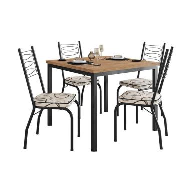 Imagem de Conjunto de Mesa Quadrada com Tampo MDP e 4 Cadeiras Adriana Revestimento Sintético Bege Estampado e Preto