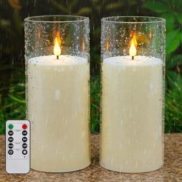 Imagem de yunsheng Velas sem chamas à prova d'água de 10 cm x 23 cm, com controle remoto e temporizador de ciclo, 2 velas pilares operadas por bateria com revestimento de acrílico removível, velas cintilantes