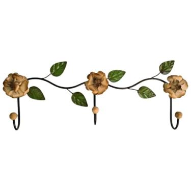 Imagem de Cabideiro Cabide de Parede 3 Ganchos em Ferro Com Flores (Branco - Dourado)