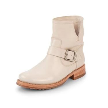 Imagem de Frye Botas Veronica para mulheres feitas de couro de flor integral escovada com ferragens de metal antigo e à prova d'água, costura à mão Goodyear Welt Construção – 14,5 cm de altura do cano, Branco - Couro de vaca nua, 7
