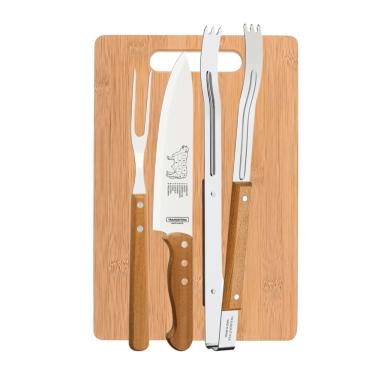Imagem de Kit para Churrasco Tramontina com Pegador Faca e Garfo Trinchante + Tabua de Corte 26x36cm