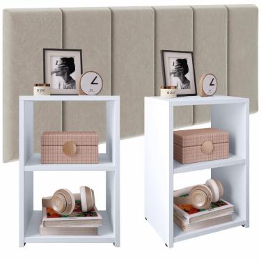 Imagem de Kit 2 Mesinhas Pequena Prateleira Lateral Cama Bella Branco Cabeceira Queen 1,60 Estofado Bege Suede Júlia Quarto - RPM