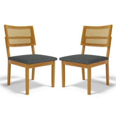 Imagem de Kit Com 2 Cadeiras Aline Madeira Maciça Assentos Estofados Encostos De Tela Palha Sextavada Linho Chumbo 406