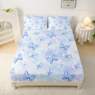 Imagem de QOOMO Jogo de lençol Queen com estampa de gravata borboleta azul, nó de borboleta, bolso profundo, 4 peças, 1 lençol com elástico, 1 lençol de cima, 2 fronhas para meninos e meninas e adolescentes