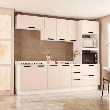 Imagem de Cozinha Completa com Tampo e Rodapé Meena 10 Portas 4 Gavetas Creme e Branca