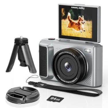 Imagem de ARNSSIEN Câmera digital 4K com tela flip de 2,8 polegadas 180° para vlogging - Câmera compacta Camara Fotografica fácil de transportar | Zoom digital de 16X, cartão de memória de 64 GB, bateria de