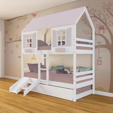 Imagem de Treliche Casinha Bela Kit Escada/Escorregador - Madeira Maciça Branco/Rosa | Megamobilia