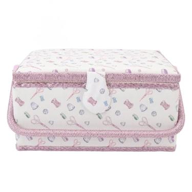 Imagem de Luqeeg Cesta de Costura de Grande Capacidade, Alça Portátil, Cesta de Suprimentos de Costura de Tecido Requintado com Bandeja de Plástico Removível para Armazenamento Tesouras