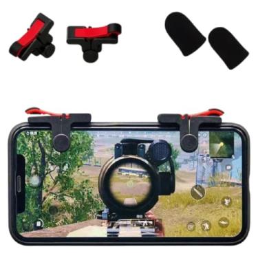Imagem de Kit Gatilho Gamer L1 + R1 para Celular com Luva Anti Suor, Compatível com PUBG, Free Fire, COD, Fortnite, Preto e Vermelho
