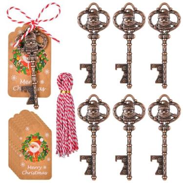 Imagem de Conjunto de 7 enfeites de chave mágica do Papai Noel pingente abridor de garrafa com cartão de feliz Natal para decoração de casa de lareira de árvore de Natal
