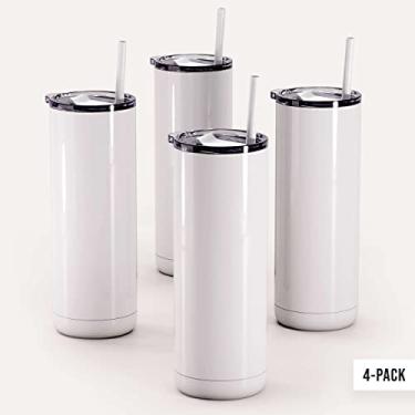 Imagem de Copos em branco de sublimação Maars Skinny Steel de 590 ml | Copos de aço inoxidável afunilados finos revestidos de polímero com tampa e canudo - Branco brilhante, pacote com 4