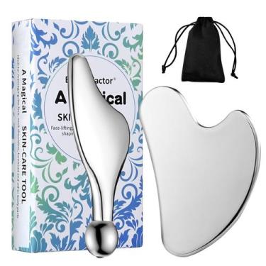 Imagem de Gua Sha Facial Tools BEAUTYFACTOR em aço inoxidável com massageador de