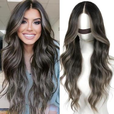Imagem de Peruca frontal de renda sintética ENCOUNTERU Ombre Grey Body Wave 26"