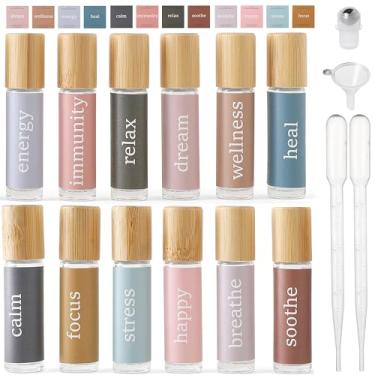 Imagem de SESENSE Frascos de rolo de óleo essencial, 12 frascos de rolo de perfume de vidro com abridor de funil e conta-gotas, frascos vazios de vidro transparente de 10 ml com adesivos e bolas de rolo de aço