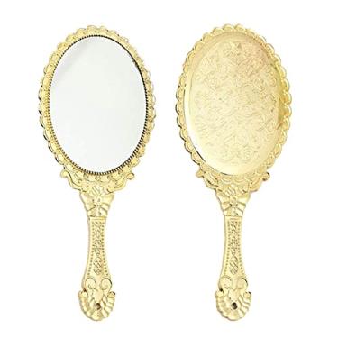 Imagem de KABAKE Espelho portátil, espelho portátil com alça, espelhos compactos de pacote de viagem pequeno, espelhos de bolsa de cosméticos decorativos vintage para maquiagem para meninas e mulheres, dourado