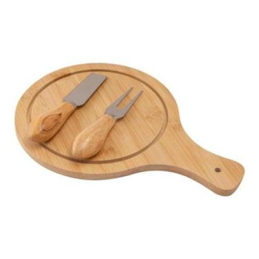 Imagem de Kit Tábua Queijos 3 Peças Clink Bambu e Inox p/ Servir Frios, Frutas, 