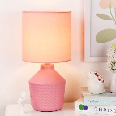 Imagem de Lampwell Candeeiro de mesa pequeno rosa de palheta para sala de estar como abajur de mesa de cabeceira para quarto, luminária de mesa noturna infantil de cerâmica moderna, Φ16,89 × A 30,58 cm, lâmpada