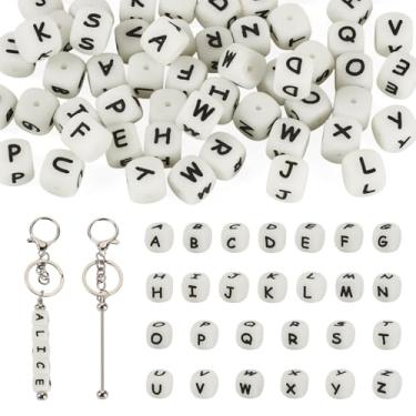 Imagem de KISSITTY Kit de fabricação de chaveiros com contas com contas que brilham no escuro cubo luminoso letra inicial alfabeto A-Z silicone espaçador solto contas a granel para joias, artesanato faça você