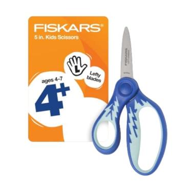 Imagem de Fiskars Tesoura de ponta pontiaguda para mão esquerda macia de 12,7 cm para crianças a partir de 4 anos - Tesoura canhota para escola ou artesanato - Material de volta às aulas - Blue Lightning