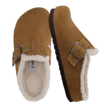 Imagem de CUSHIONAIRE Tamancos femininos de couro genuíno Haven – Sapatos femininos sem cadarço com forro de pele sintética com palmilha de cortiça e fivela ajustável, Camelo, 11 Wide