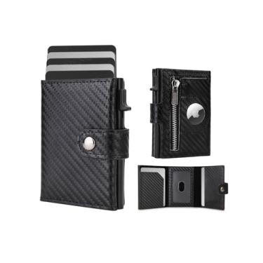 Imagem de DIENQI Porta-cartão inteligente masculino para AirTag: couro PU, compatível com Apple Air Tag, bloqueio RFID, fino, fibra de carbono, minimalista, três dobras - capacidade para 10 cartões | janela