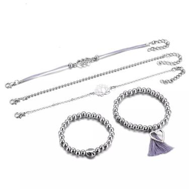 Imagem de Pulseira 5 Peças Prateada Conjunto Coração Lótus J5512