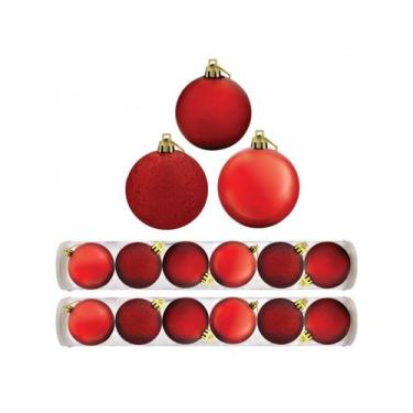 Imagem de Kit Bola De Natal Mista Vermelha 12 Unidades 8cm - Riomaster