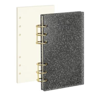 Imagem de PATIKIL Capa para caderno com 6 anéis, fichário acrílico com glitter A6, 2 anéis redondos de metal dourado com 90 folhas, papéis internos em branco para planejador de viagem e escritório, preto