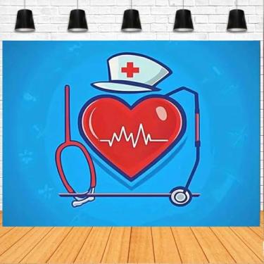 Imagem de Pano de fundo curvo de batimento cardíaco vermelho curvo tema médico boné de enfermeira e estetoscópio fotografia de fundo para médicos e enfermeiros decoração de festa de formatura banner (azul, 1,5