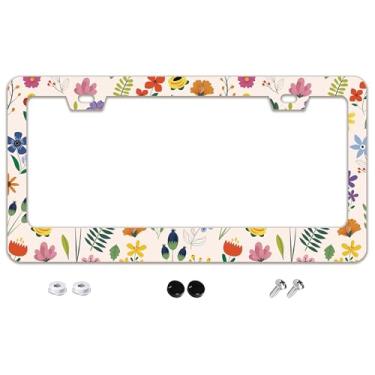 Imagem de Linda moldura de placa de licença de flores silvestres em aquarela de aço inoxidável acessórios de carro decoração com parafusos 2 furos moldura para placa de carro 16 cm x 31 cm para presente